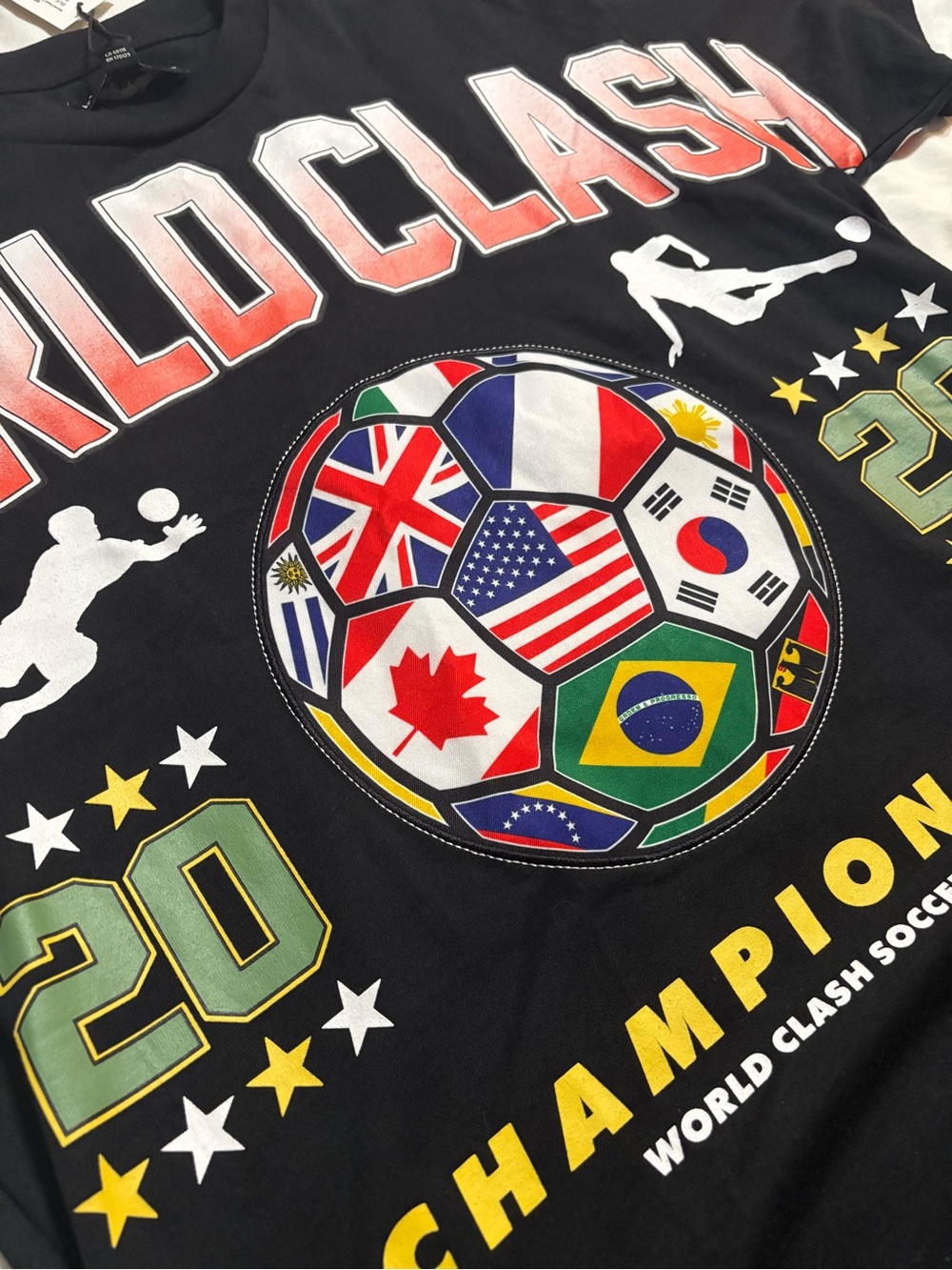 Boohoo Black 'WORLDCLASH' Graphic Soccer Tee with Multicolor Flag Ball